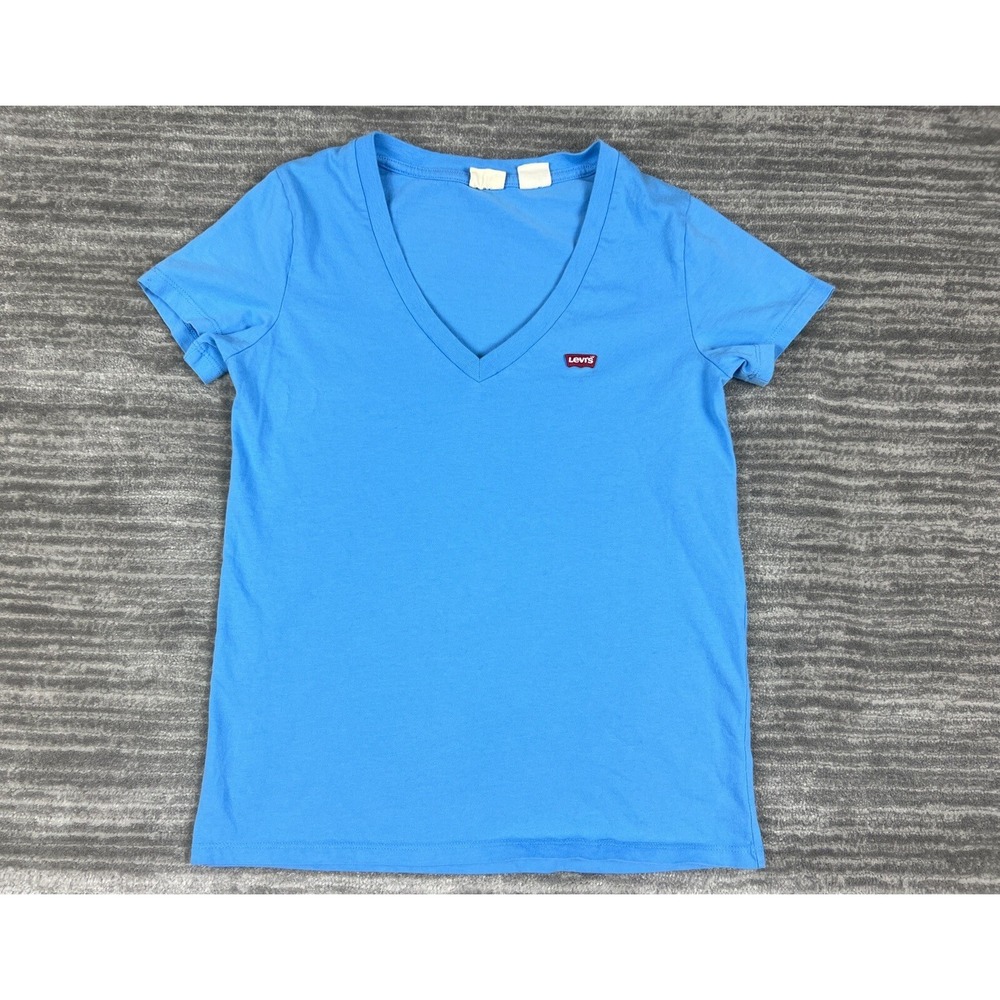 Levis T-Shirt Womens XS Blue V-Neck Short Sleeve Batwing Logo Casual Top